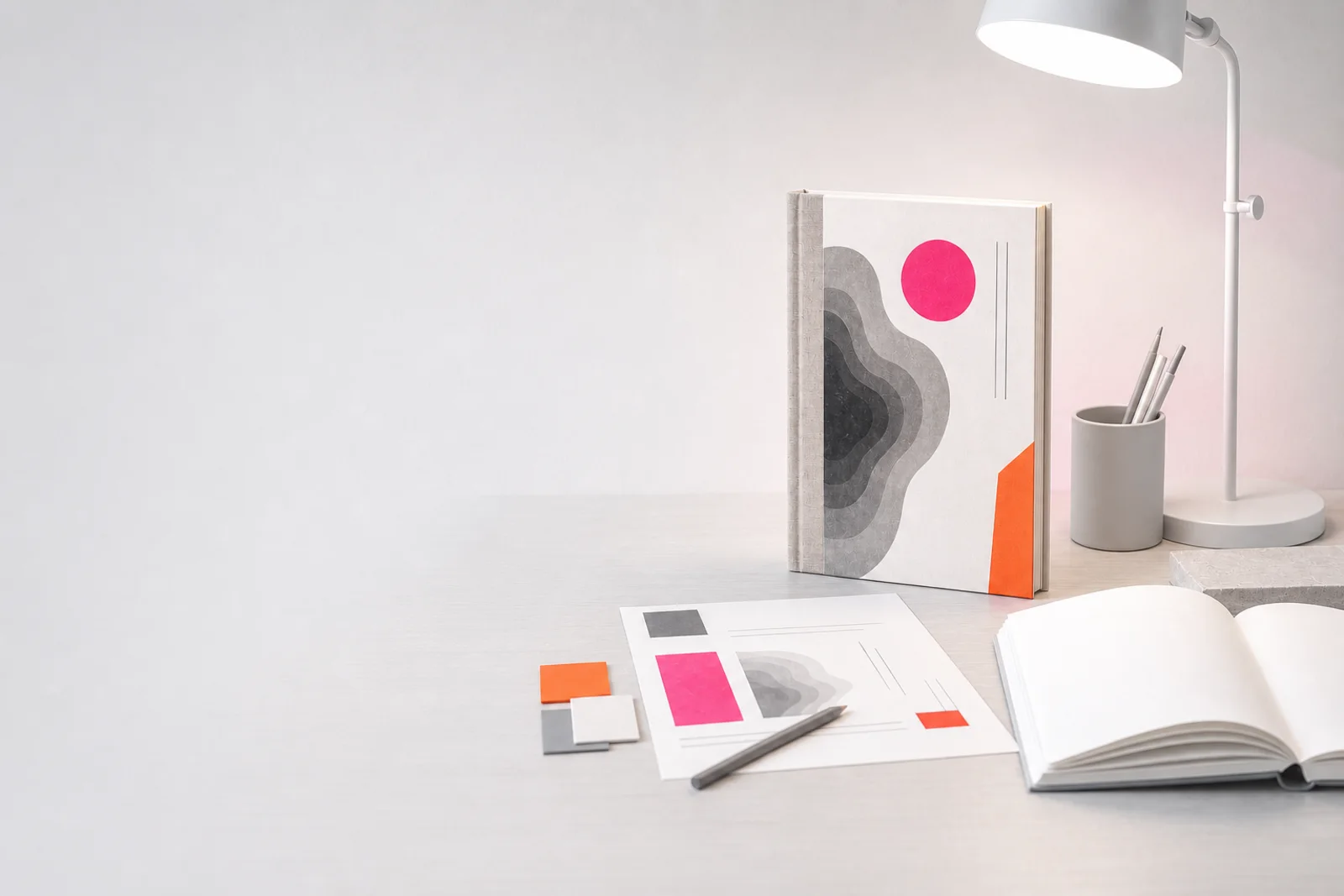 Finished books and a manuscript in a bright creative studio
